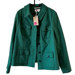 Boden Green Button-Up Jacket vintage style front pockets navy trim size 16/18